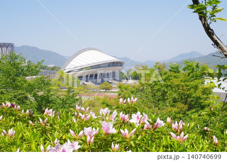 広域公園に咲くツツジとスタジアムの景色 広域公園に咲くツツジとスタジアムの景色 140740699