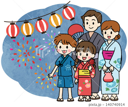 浴衣姿で夏祭りの花火を楽しむ家族のイラスト 浴衣姿で夏祭りの花火を楽しむ家族のイラスト 140740914