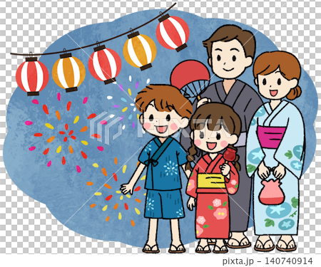 浴衣姿で夏祭りの花火を楽しむ家族のイラスト 浴衣姿で夏祭りの花火を楽しむ家族のイラスト 140740914