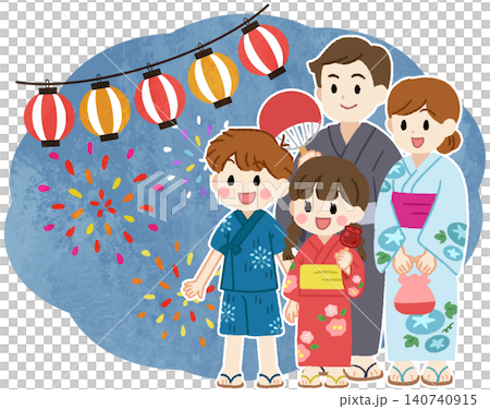 An illustration of a family enjoying fireworks at a summer festival while wearing yukata (traditional summer kimonos). An illustration of a family enjoying fireworks at a summer festival while wearing yukata (traditional summer kimonos). 140740915