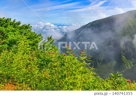 夏の晴天 鳥海山・象潟口ルートの登山道から眼下に望む奈曽渓谷の壮大な断崖風景 夏の晴天 鳥海山・象潟口ルートの登山道から眼下に望む奈曽渓谷の壮大な断崖風景 140741355