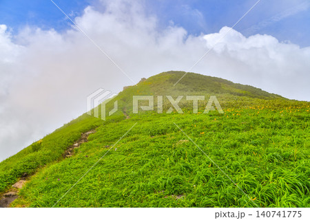 夏の快晴 鳥海山の登山道と緑の山肌の向こうに湧き上がる白い雲の風景 夏の快晴 鳥海山の登山道と緑の山肌の向こうに湧き上がる白い雲の風景 140741775