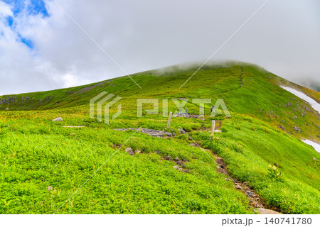 夏の快晴 鳥海山の登山道と緑の山肌の向こうに湧き上がる白い雲の風景 夏の快晴 鳥海山の登山道と緑の山肌の向こうに湧き上がる白い雲の風景 140741780