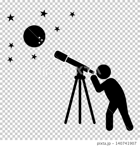A person observing the full moon and stars with a telescope on a tripod. A silhouette of astronomy and moon viewing. A person observing the full moon and stars with a telescope on a tripod. A silhouette of astronomy and moon viewing. 140741907