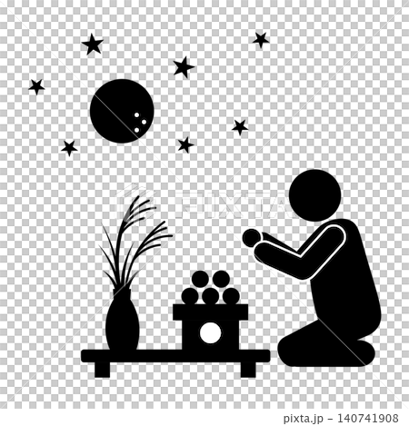 A person offering pampas grass and moon-viewing dumplings and praying; a silhouette of a moon-viewing figure on a full moon night. A person offering pampas grass and moon-viewing dumplings and praying; a silhouette of a moon-viewing figure on a full moon night. 140741908