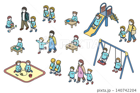 アイソメトリックイラスト:いろんなシーンの園児セット(カラー) アイソメトリックイラスト:いろんなシーンの園児セット(カラー) 140742204
