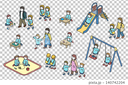 Isometric illustrations: A set of kindergarten children in various scenes (color) 140742204