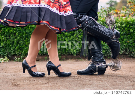 View of the feet or legs of Chilean huasos, posing and showing details of their traditional attire, with leather, skirt, shoes, and spurs. Chilean traditions, Chilean national holidays 140742762