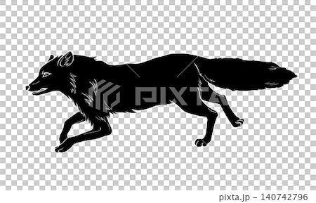 一隻奔跑的狐狸的黑白插圖（側視圖）（寫實風格，帶有白色輪廓線）。 140742796