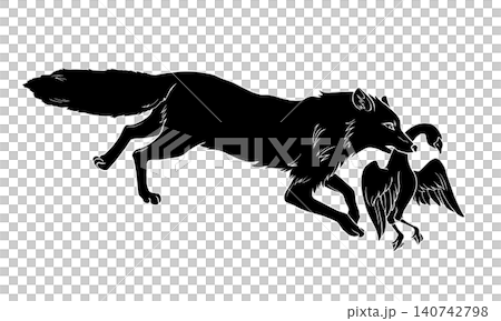 A realistic black and white illustration (with a white outline) of a fox (side view) holding a goose in its mouth. A realistic black and white illustration (with a white outline) of a fox (side view) holding a goose in its mouth. 140742798