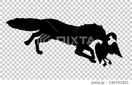 狐狸的剪影（側面視圖），嘴裡叼著一隻鵝。 140742801