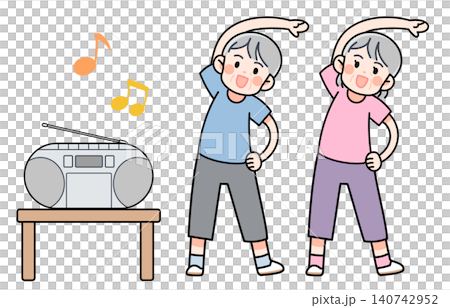 老年人進行無線電體操的插圖 老年人進行無線電體操的插圖 140742952