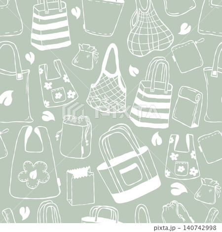 Seamless Pattern with Eco Bags on Green Background. Sustainable Reusable Shopping Totes, Grocery Packaging, Mesh and Zero Waste Lifestyle. Line Hand Drawn Vector Illustration 140742998