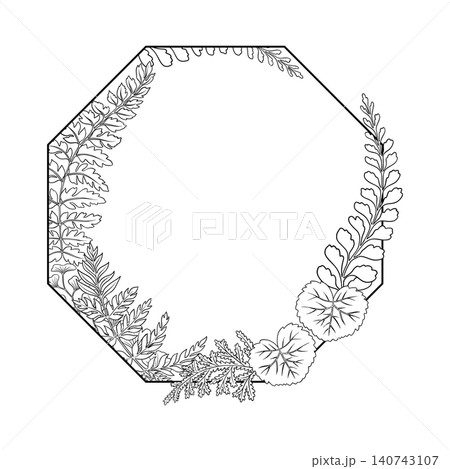 Vector fern leaves thin outline frame. Hand drawn octagonal botanical design with black foliage and copy space. Decorative template for wedding card label. Woodland nature logo for floral decoration. 140743107