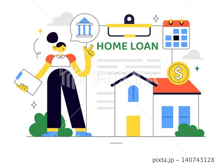 Home Loan Vector Illustration Featuring Mortgage Approval, Property Financing, Interest Rate Planning, Home ownership, and Real Estate Investment Home Loan Vector Illustration Featuring Mortgage Approval, Property Financing, Interest Rate Planning, Home ownership, and Real Estate Investment 140743128