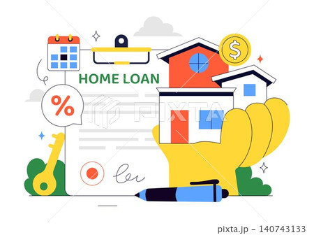 Home Loan Vector Illustration Featuring Mortgage Approval, Property Financing, Interest Rate Planning, Home ownership, and Real Estate Investment Home Loan Vector Illustration Featuring Mortgage Approval, Property Financing, Interest Rate Planning, Home ownership, and Real Estate Investment 140743133