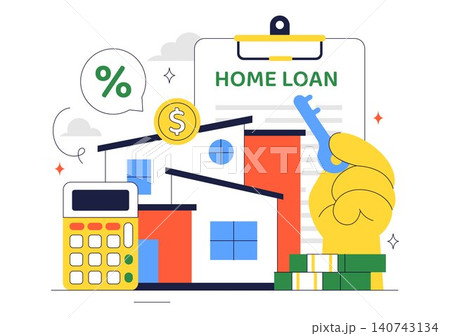 Home Loan Vector Illustration Featuring Mortgage Approval, Property Financing, Interest Rate Planning, Home ownership, and Real Estate Investment Home Loan Vector Illustration Featuring Mortgage Approval, Property Financing, Interest Rate Planning, Home ownership, and Real Estate Investment 140743134