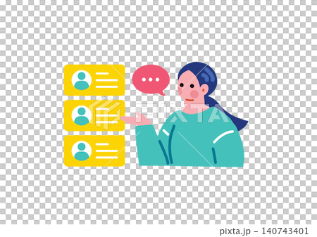 Illustration of a woman chatting on social media. 140743401