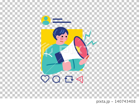 Illustration of a man making an announcement on social media Illustration of a man making an announcement on social media 140743408