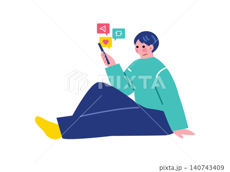 SNSを確認する男性のイラスト SNSを確認する男性のイラスト 140743409