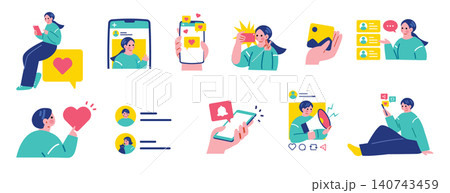 SNSを活用する人々のイラストセット 140743459