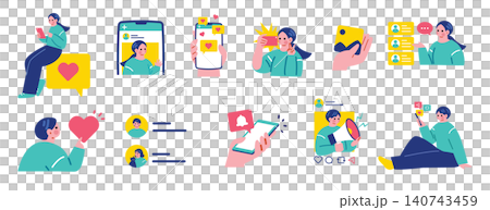 A set of illustrations of people using social media. 140743459