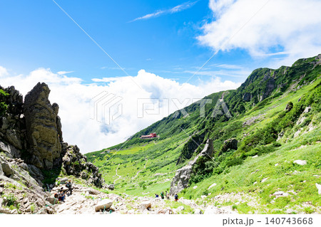 千畳敷カールの絶景 登山道から見下ろす眺望と天狗岩 千畳敷カールの絶景 登山道から見下ろす眺望と天狗岩 140743668