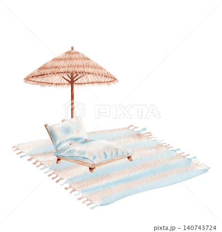 Watercolor beach lounge sun bed, straw umbrella, striped beach rug. Hand painted summer relaxation illustration in boho coastal style, copy space for branding, invitations, posters, travel designs Watercolor beach lounge sun bed, straw umbrella, striped beach rug. Hand painted summer relaxation illustration in boho coastal style, copy space for branding, invitations, posters, travel designs 140743724