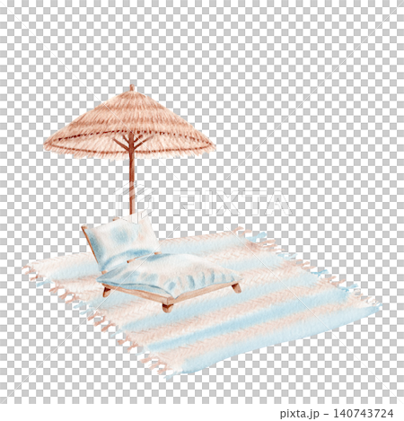 Watercolor beach lounge sun bed, straw umbrella, striped beach rug. Hand painted summer relaxation illustration in boho coastal style, copy space for branding, invitations, posters, travel designs Watercolor beach lounge sun bed, straw umbrella, striped beach rug. Hand painted summer relaxation illustration in boho coastal style, copy space for branding, invitations, posters, travel designs 140743724