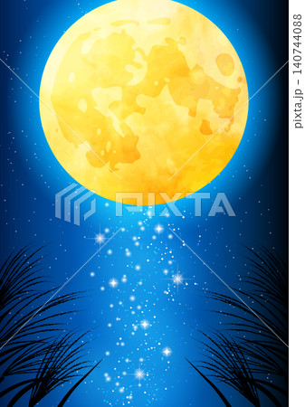 お月見背景、かわいい、イラスト、満月、十五夜、ススキ、天の川、縦 140744088
