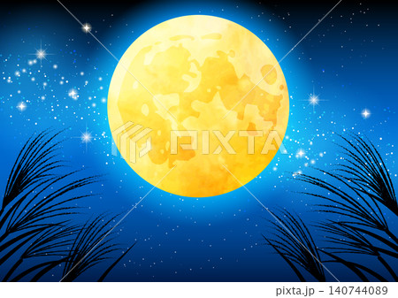 お月見背景、かわいい、イラスト、満月、十五夜、ススキ、天の川、横 140744089
