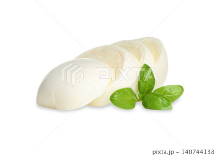 Mozzarella cheese with green basil arranged on display, PNG 140744138