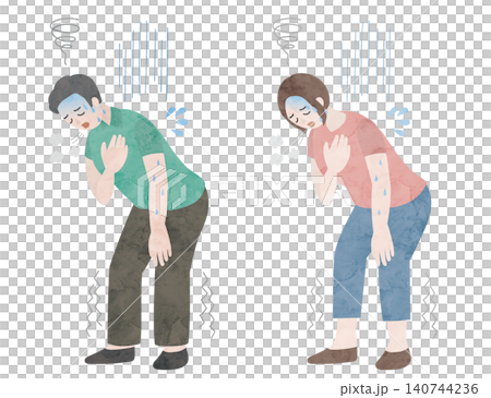 息切れと胸の不快感と発汗を伴う体調不良に苦しむ男女のイラスト 140744236