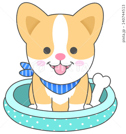 Cute Puppy Sitting in Pet Bed with Bone Toy Cartoon Character 140744513
