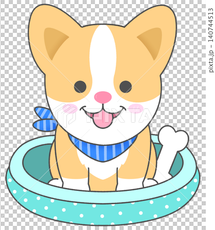 Cute Puppy Sitting in Pet Bed with Bone Toy Cartoon Character Cute Puppy Sitting in Pet Bed with Bone Toy Cartoon Character 140744513