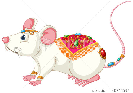 White Rat Illustration with Traditional Ornate Saddle and Jewelry White Rat Illustration with Traditional Ornate Saddle and Jewelry 140744594