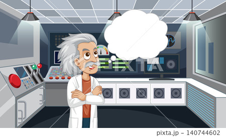 Senior Scientist Thinking with Blank Speech Bubble in High Tech Laboratory 140744602