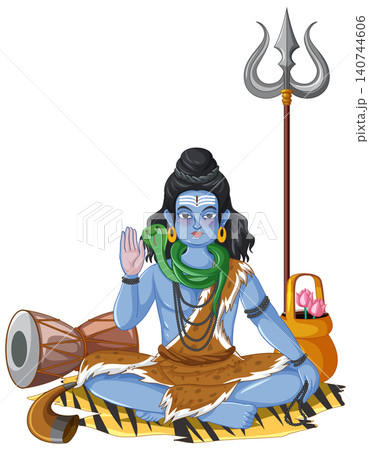Hindu Deity Shiva Sitting in Meditation with Traditional Sacred Symbols Hindu Deity Shiva Sitting in Meditation with Traditional Sacred Symbols 140744606