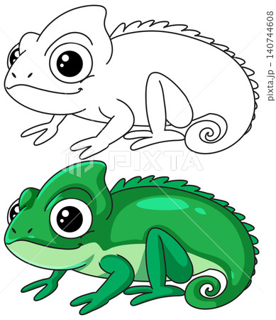 Cute Cartoon Chameleon Vector Illustration in Color and Line Art Cute Cartoon Chameleon Vector Illustration in Color and Line Art 140744608