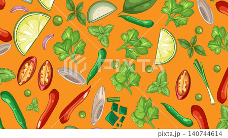 Vector Illustration of Thai Cuisine Ingredients on Orange Background Vector Illustration of Thai Cuisine Ingredients on Orange Background 140744614