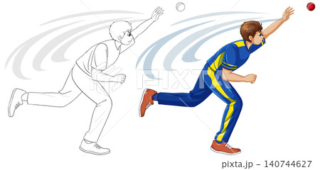 Professional Cricket Player Throwing Ball in Motion with Line Art Version 140744627