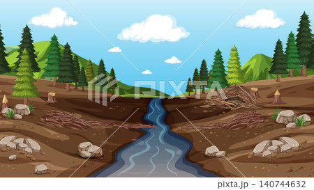 Cartoon Forest Landscape with River and Beaver Dam Structures Cartoon Forest Landscape with River and Beaver Dam Structures 140744632