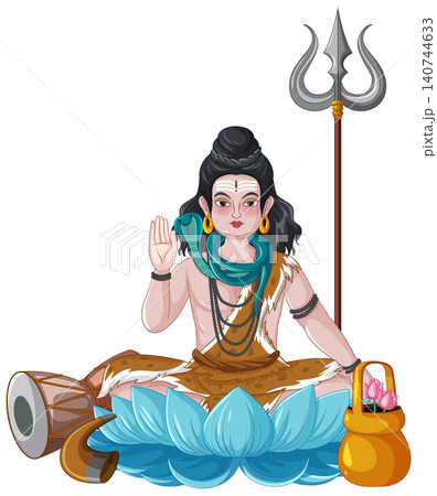 Hindu Deity Illustration Sitting on Lotus with Trident and Snake Hindu Deity Illustration Sitting on Lotus with Trident and Snake 140744633