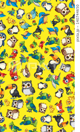 Seamless Vector Pattern of Colorful Cartoon Birds on Yellow Background 140744650