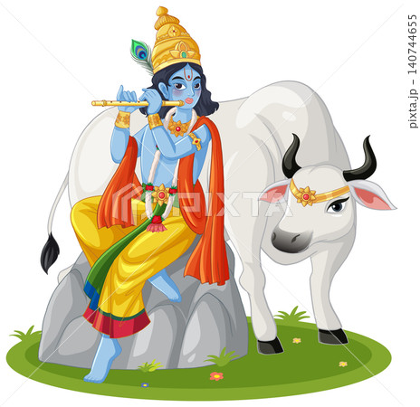 Blue Hindu Deity Playing Flute Beside White Cow Vector Illustration 140744655