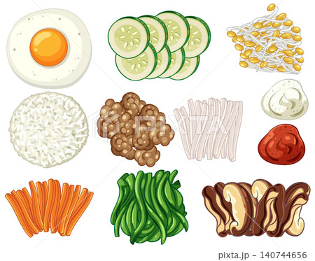 Asian Food Ingredients Vector Set with Rice and Vegetables 140744656