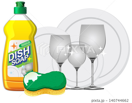 Dish Soap and Sponge with Clean Wine Glasses Illustration 140744662