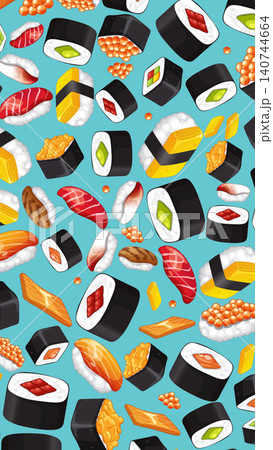 Seamless Vector Pattern of Japanese Sushi and Seafood on Blue Background Seamless Vector Pattern of Japanese Sushi and Seafood on Blue Background 140744664
