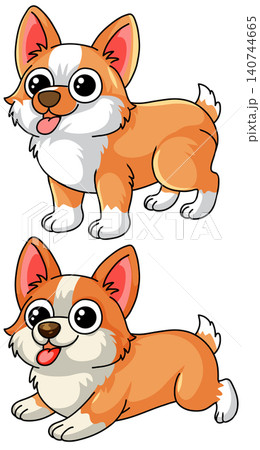Cute Cartoon Corgi Puppy Vector Illustration in Standing and Lying Poses 140744665