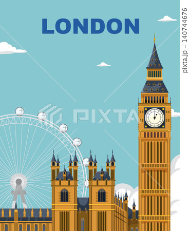 Flat Vector Travel Poster of London Landmarks Including Big Ben and Ferris Wheel Flat Vector Travel Poster of London Landmarks Including Big Ben and Ferris Wheel 140744676